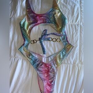 Cutout Rainbow One Piece Rave EDM Festival Holographic Outfit